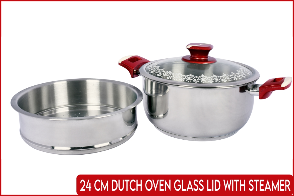 24 cm Dutch Oven Glass Lid with Steamer Impact Bottom